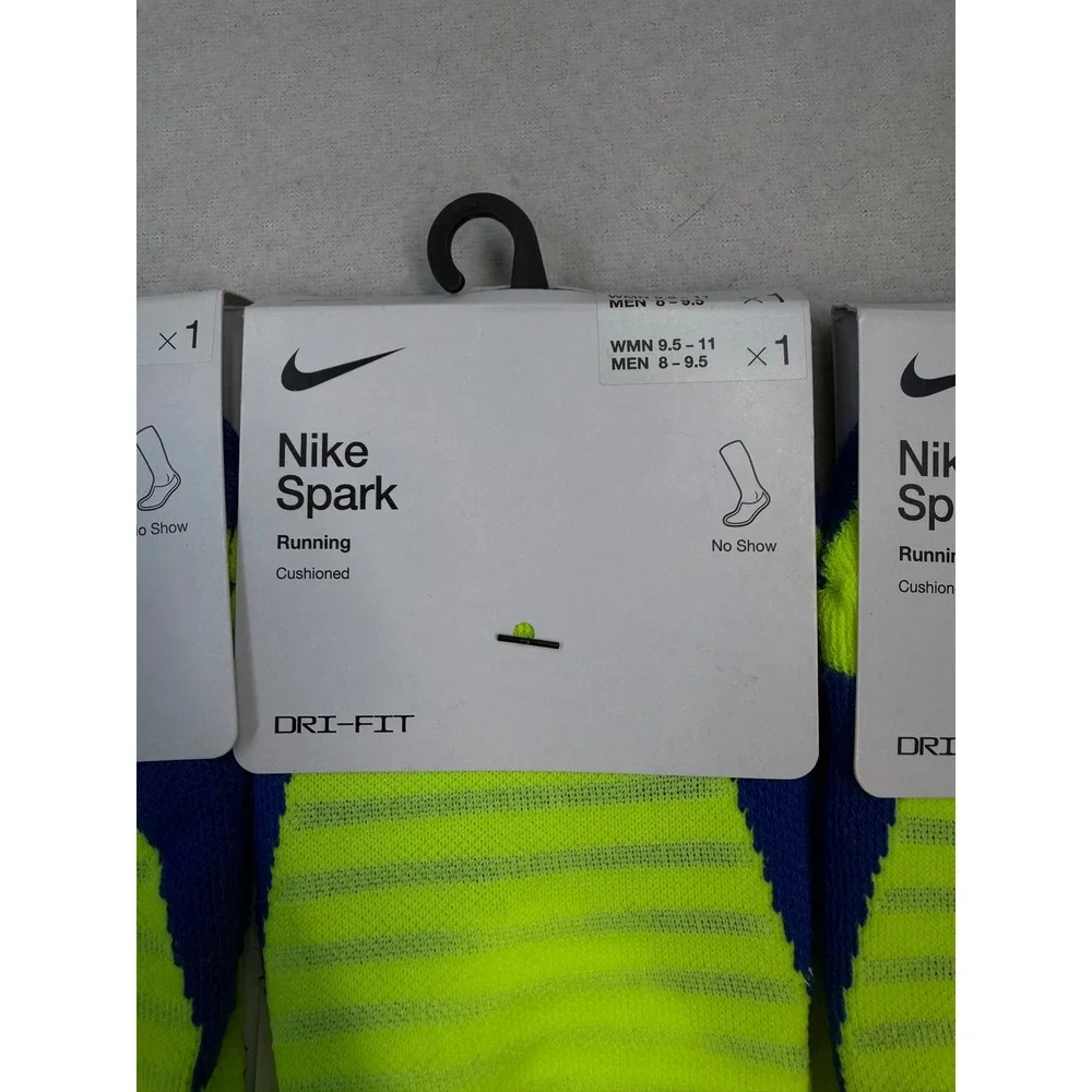 3 Nike Spark Running Cushioned No Show Socks Volt yellow Blue M 8-9.5 W 9.5-11